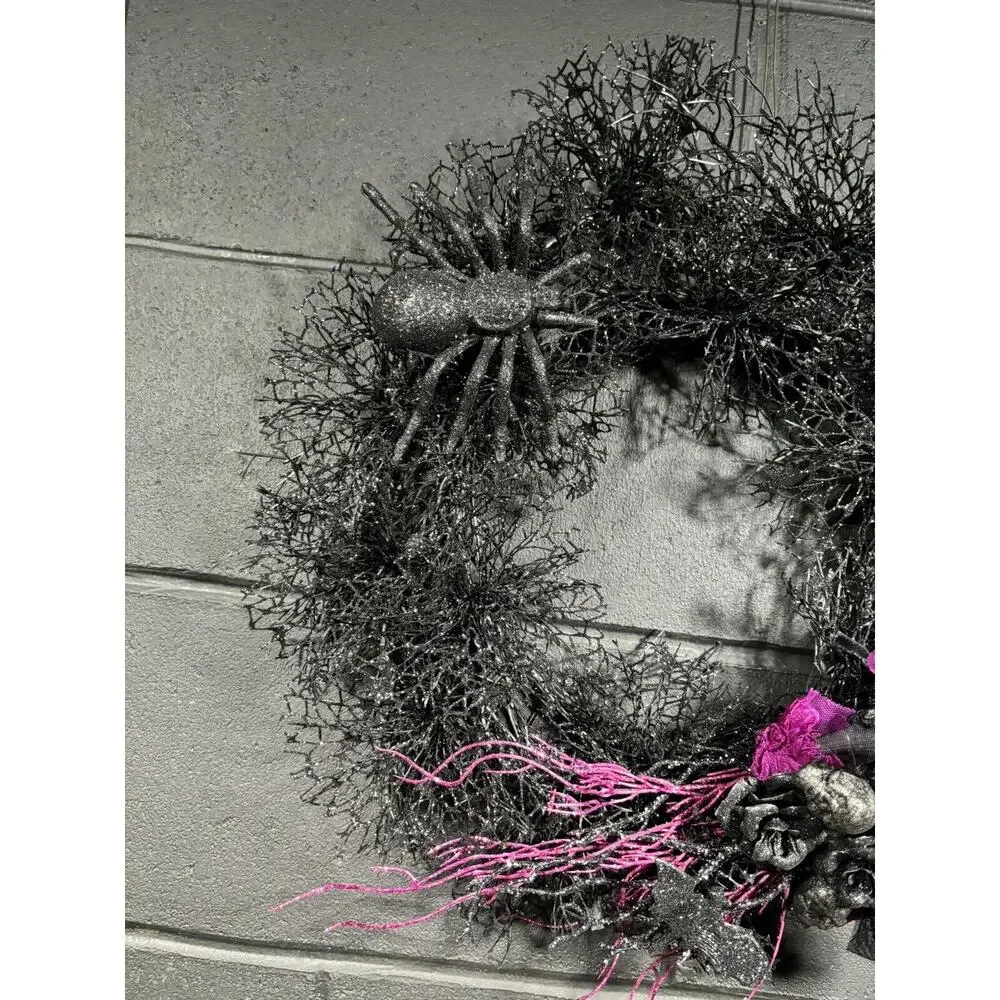 Halloween Wreath Black Purple Spiders Skulls Front Door Decor Handmade 20 Inch